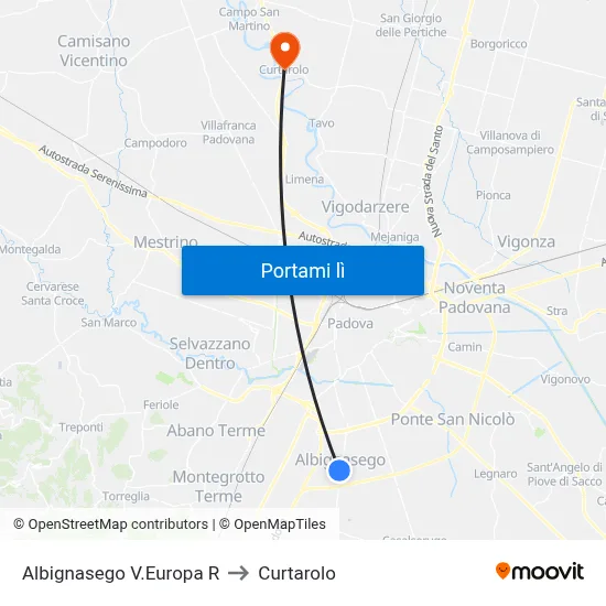 Albignasego V.Europa R to Curtarolo map