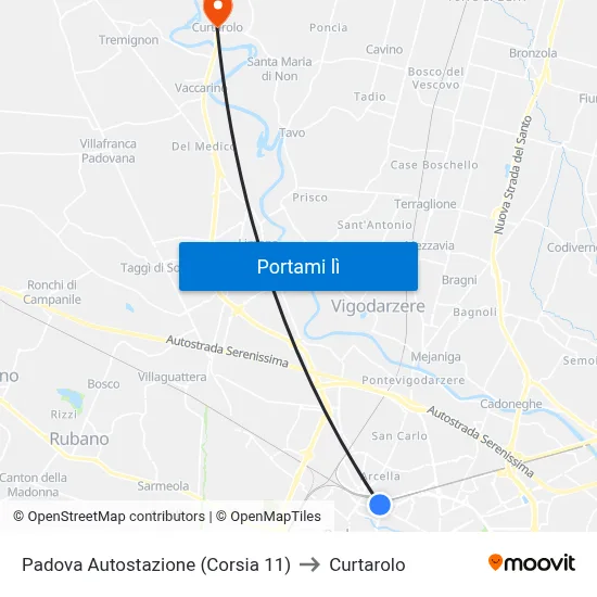 Padova Autostazione (Corsia 11) to Curtarolo map