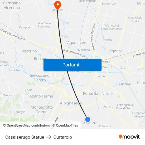 Casalserugo Statue to Curtarolo map