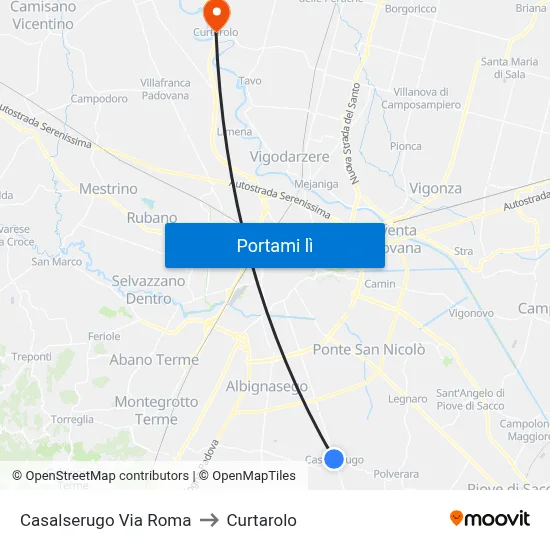 Casalserugo Via Roma to Curtarolo map