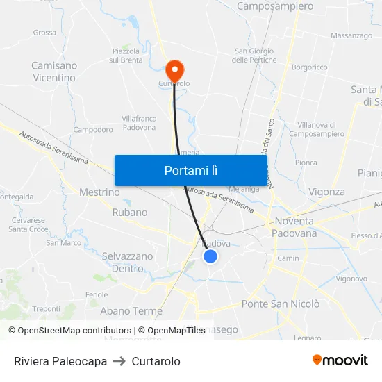 Riviera Paleocapa to Curtarolo map