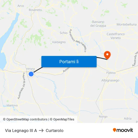 Via Legnago III A to Curtarolo map