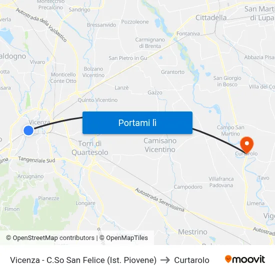 Vicenza - C.So San Felice (Ist. Piovene) to Curtarolo map
