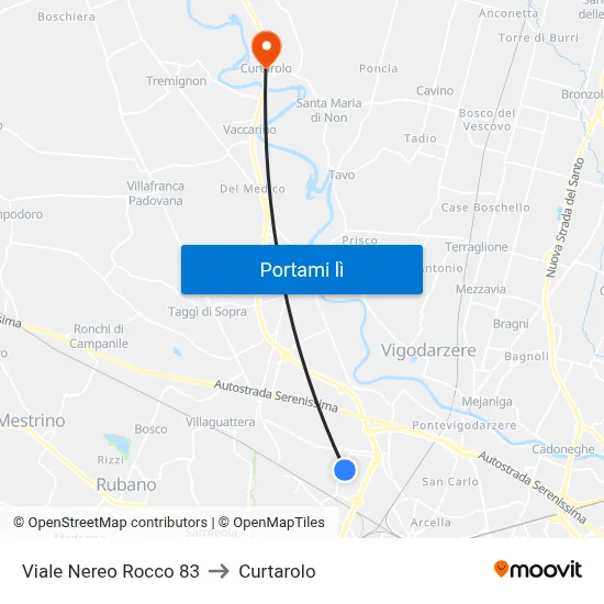 Viale Nereo Rocco 83 to Curtarolo map