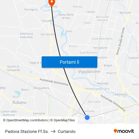 Padova Stazione Ff.Ss. to Curtarolo map