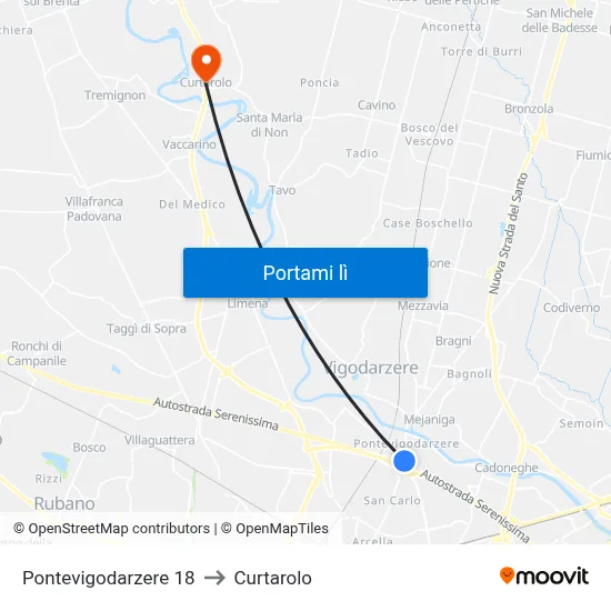 Pontevigodarzere 18 to Curtarolo map