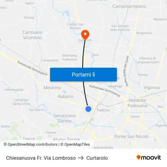 Chiesanuova Fr. Via Lombroso to Curtarolo map