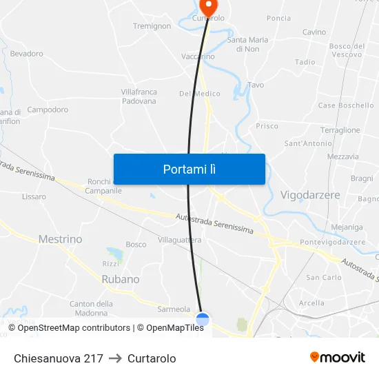 Chiesanuova 217 to Curtarolo map