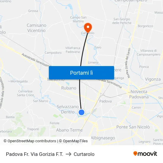 Padova Fr. Via Gorizia F.T. to Curtarolo map