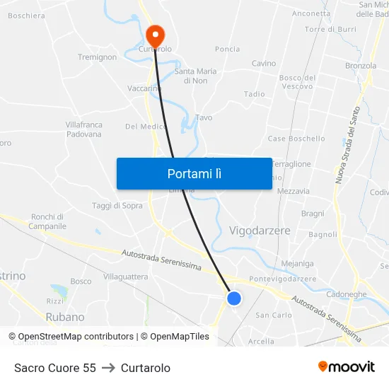 Sacro Cuore 55 to Curtarolo map