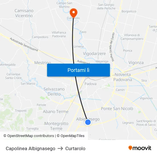 Capolinea Albignasego to Curtarolo map