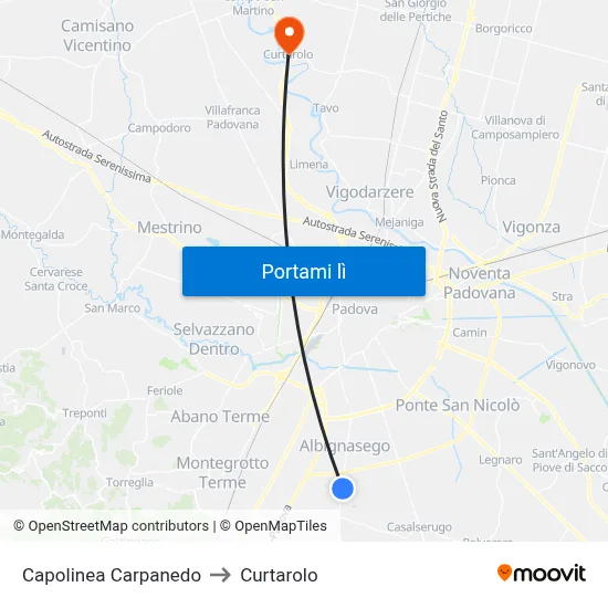 Capolinea Carpanedo to Curtarolo map