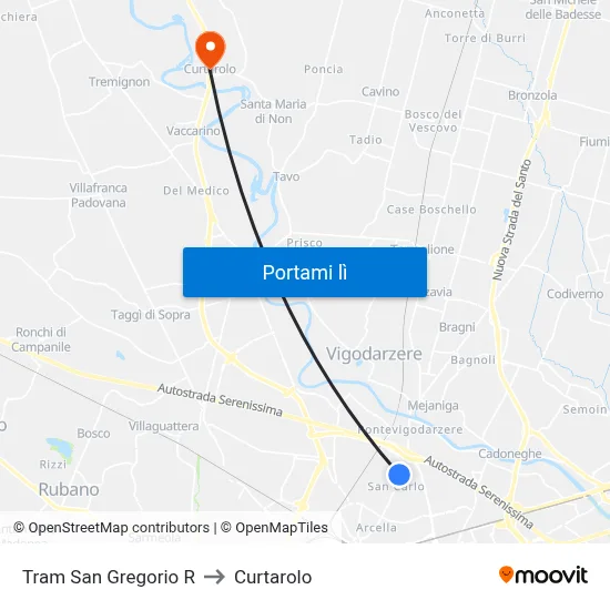 Tram San Gregorio R to Curtarolo map