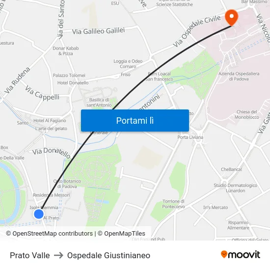 Prato Valle to Ospedale Giustinianeo map