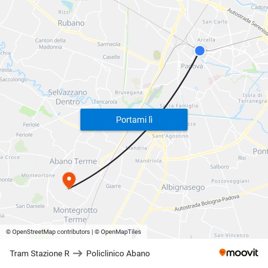 Tram Stazione R to Policlinico Abano map