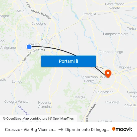 Creazzo - Via Btg Vicenza, Fronte Civ.106 to Dipartimento Di Ingegneria Chimica map
