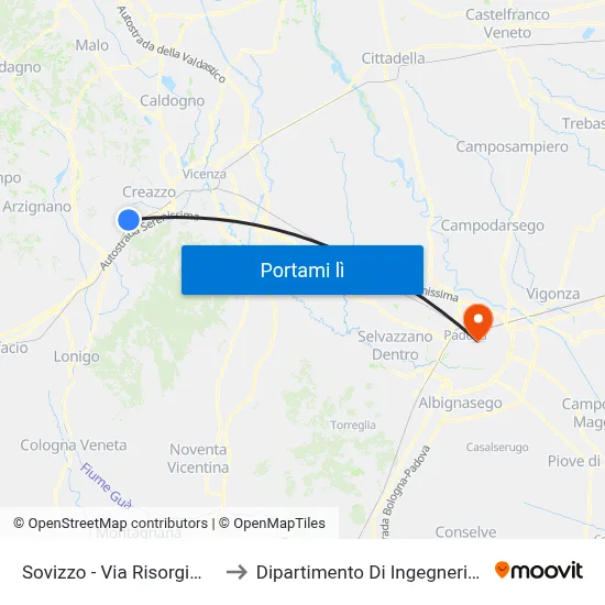 Sovizzo - Via Risorgimento, 45 to Dipartimento Di Ingegneria Chimica map