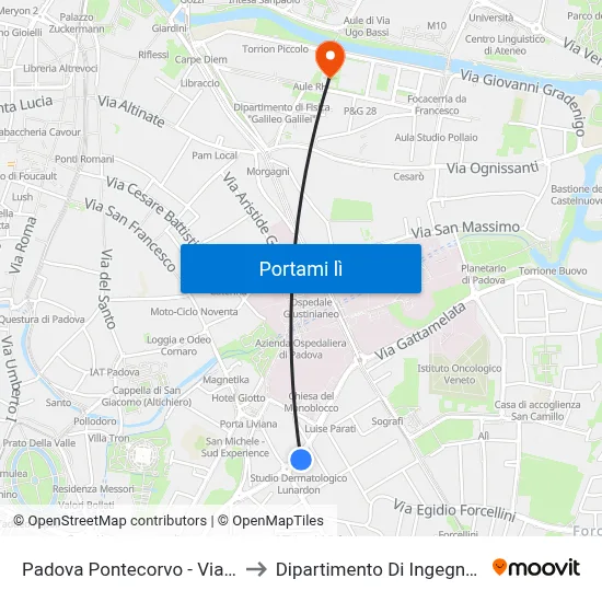 Padova Pontecorvo - Via Facciolati R to Dipartimento Di Ingegneria Chimica map