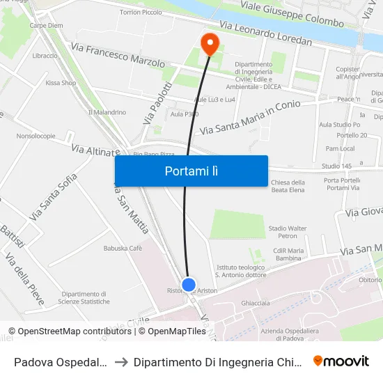 Padova Ospedale R to Dipartimento Di Ingegneria Chimica map