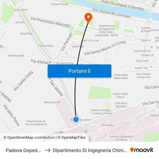 Padova Ospedale to Dipartimento Di Ingegneria Chimica map