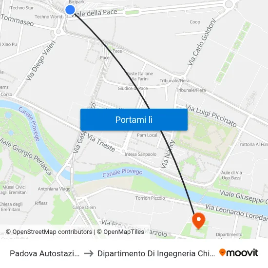 Padova Autostazione to Dipartimento Di Ingegneria Chimica map