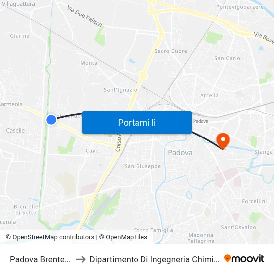 Padova Brentelle to Dipartimento Di Ingegneria Chimica map