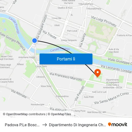 Padova P.Le Boschetti to Dipartimento Di Ingegneria Chimica map