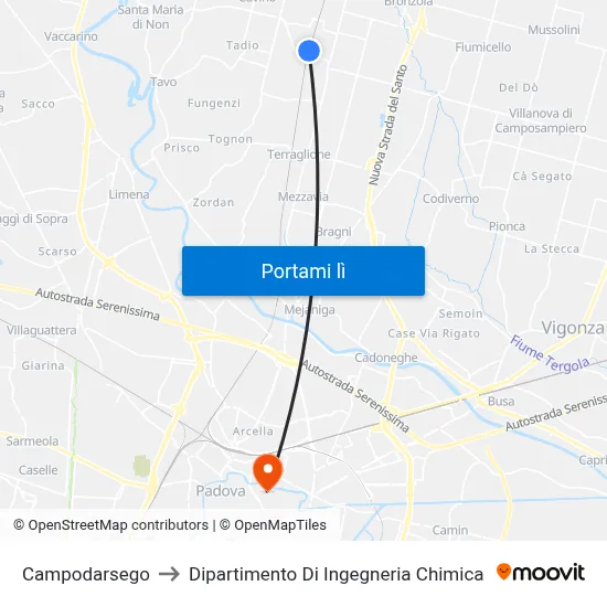 Campodarsego to Dipartimento Di Ingegneria Chimica map
