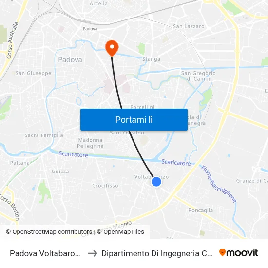 Padova Voltabarozzo R to Dipartimento Di Ingegneria Chimica map