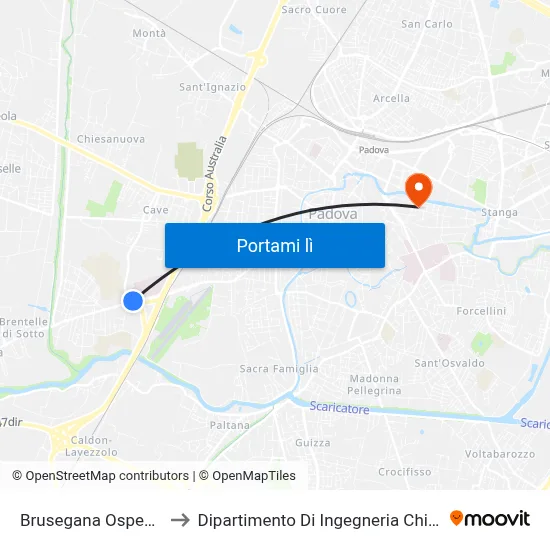 Brusegana Ospedale to Dipartimento Di Ingegneria Chimica map