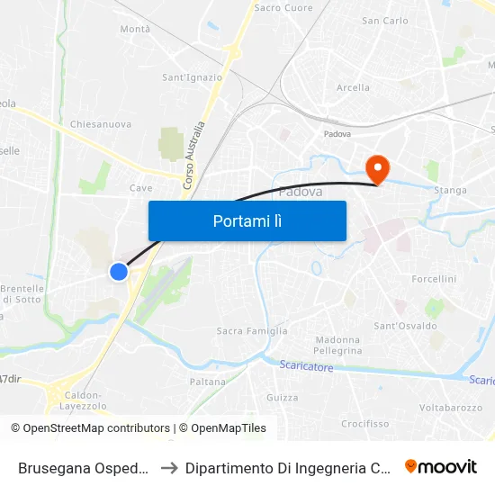 Brusegana Ospedale R to Dipartimento Di Ingegneria Chimica map