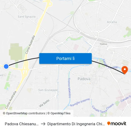 Padova Chiesanuova to Dipartimento Di Ingegneria Chimica map