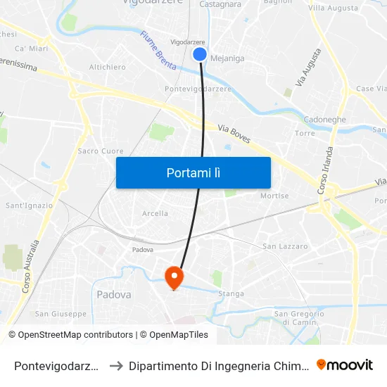 Pontevigodarzere to Dipartimento Di Ingegneria Chimica map