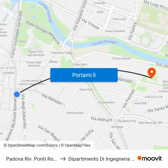 Padova Riv. Ponti Romani R to Dipartimento Di Ingegneria Chimica map