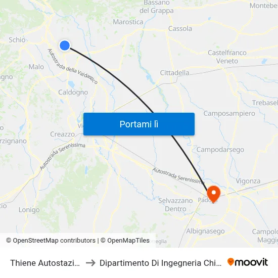 Thiene Autostazione to Dipartimento Di Ingegneria Chimica map