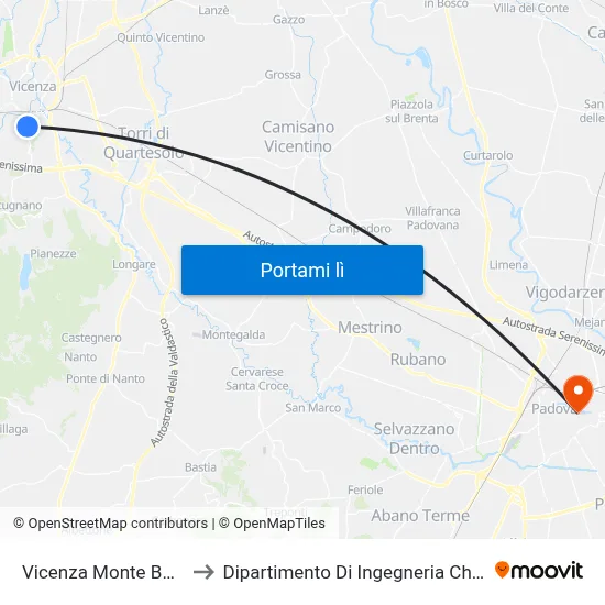 Vicenza Monte Berico to Dipartimento Di Ingegneria Chimica map
