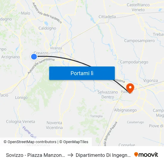 Sovizzo - Piazza Manzoni (Capolinea) to Dipartimento Di Ingegneria Chimica map