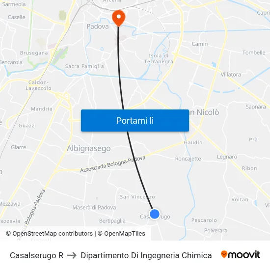 Casalserugo R to Dipartimento Di Ingegneria Chimica map