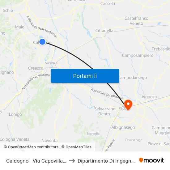 Caldogno - Via Capovilla (Capolinea) to Dipartimento Di Ingegneria Chimica map