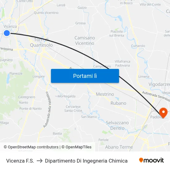 Vicenza F.S. to Dipartimento Di Ingegneria Chimica map