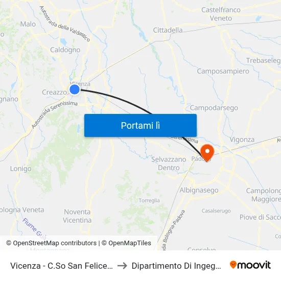 Vicenza - C.So San Felice (Ist. Piovene) to Dipartimento Di Ingegneria Chimica map