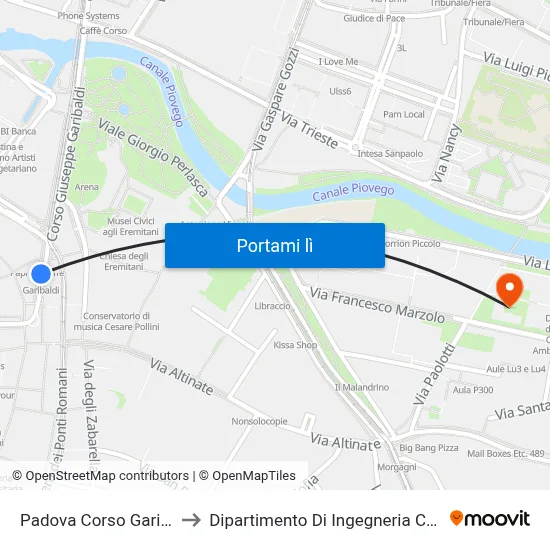 Padova Corso Garibaldi to Dipartimento Di Ingegneria Chimica map