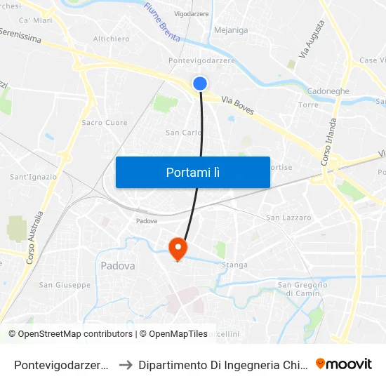 Pontevigodarzere 18 to Dipartimento Di Ingegneria Chimica map