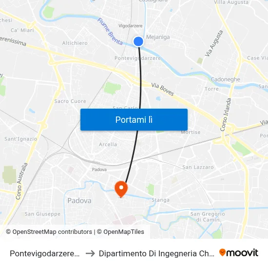 Pontevigodarzere 184 to Dipartimento Di Ingegneria Chimica map