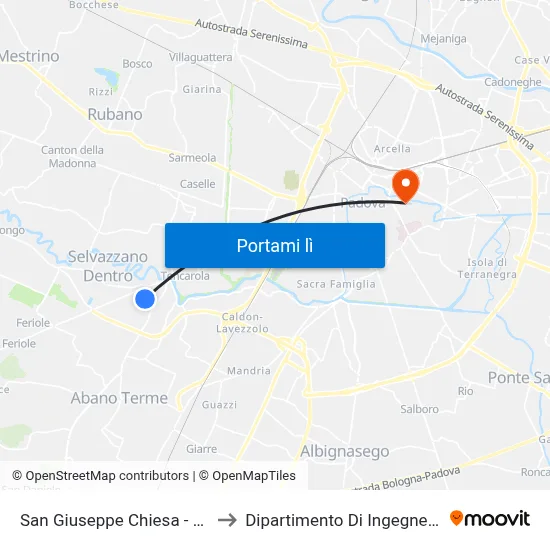 San Giuseppe Chiesa - Selvazzano to Dipartimento Di Ingegneria Chimica map