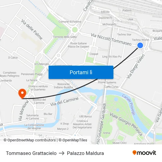 Tommaseo Grattacielo to Palazzo Maldura map
