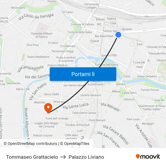 Tommaseo Grattacielo to Palazzo Liviano map