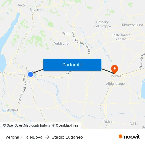Verona P.Ta Nuova to Stadio Euganeo map