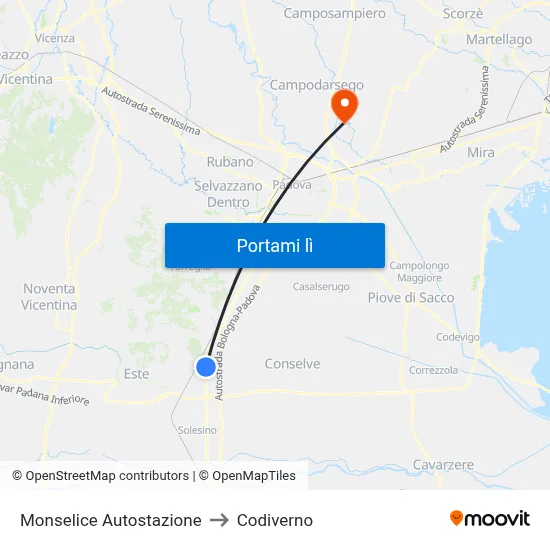 Monselice Autostazione to Codiverno map