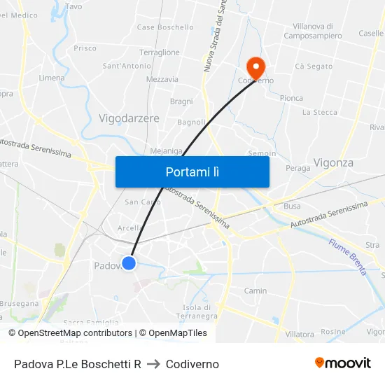 Padova P.Le Boschetti R to Codiverno map